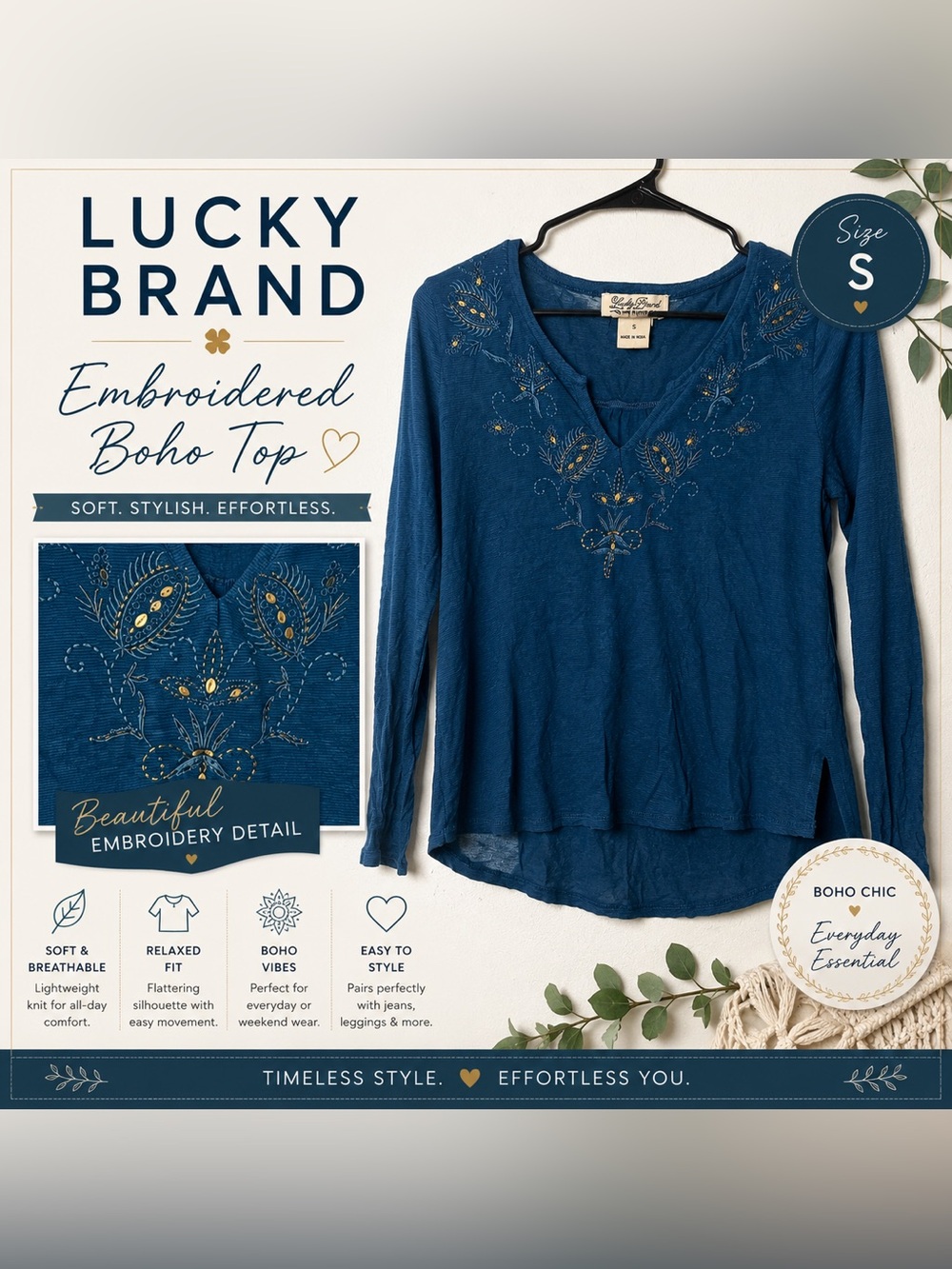Lucky Brand Women's Blue Embroidered Boho Top Small